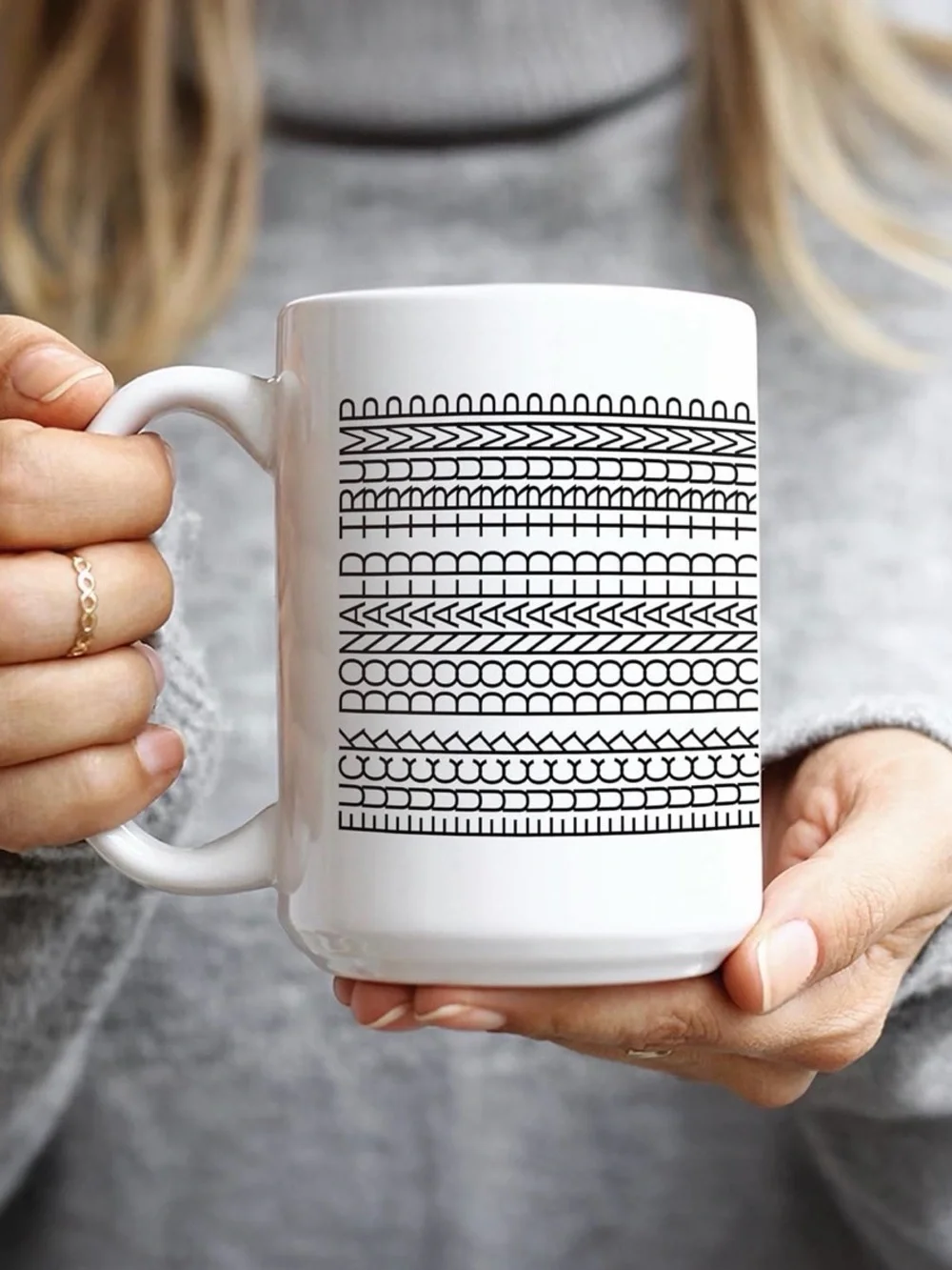 White Ceramic Mug with Bold Black Repeated Text